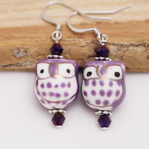 Purple Hand Painted Beaded Owl Earrings - Handmade & Hypoallergenic - Picture 1 of 7